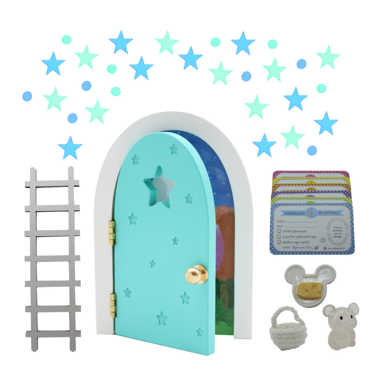 Qué Kawaii® Magical Pérez Mouse kit. Door that Opens and Shines in THE Dark Wooden Door and+Crochet Bag+Stars+Little Mouse that Glows in the Dark+6 certificates in Spanish (ROSA/Pink)