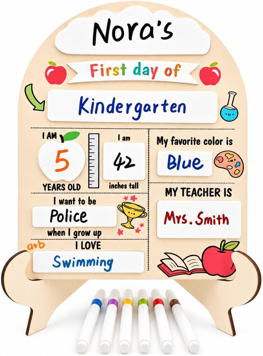 First Day of School Sign with Marker - Reusable Back to School Board, My First & Last Day of School Chalkboard for Preschool Pre-K Kindergarten, Easy to Write & Clean Wooden Photo Prop (Fist and Last)