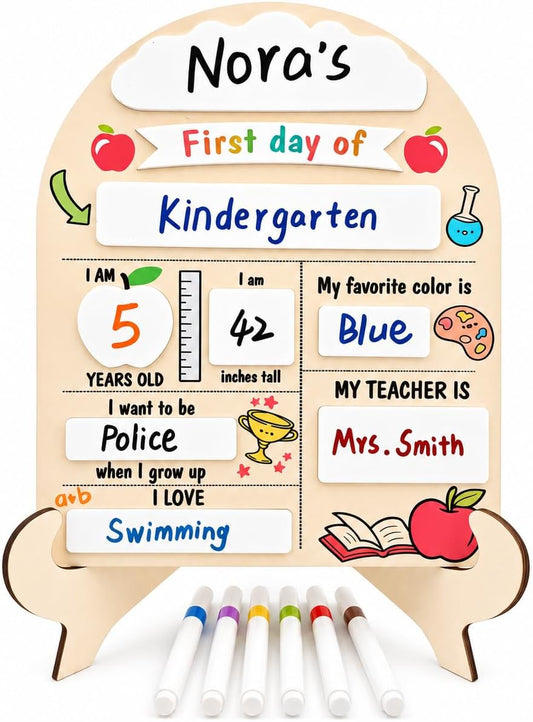 First Day of School Sign with Marker - Reusable Back to School Board, My First & Last Day of School Chalkboard for Preschool Pre-K Kindergarten, Easy to Write & Clean Wooden Photo Prop (Fist and Last)