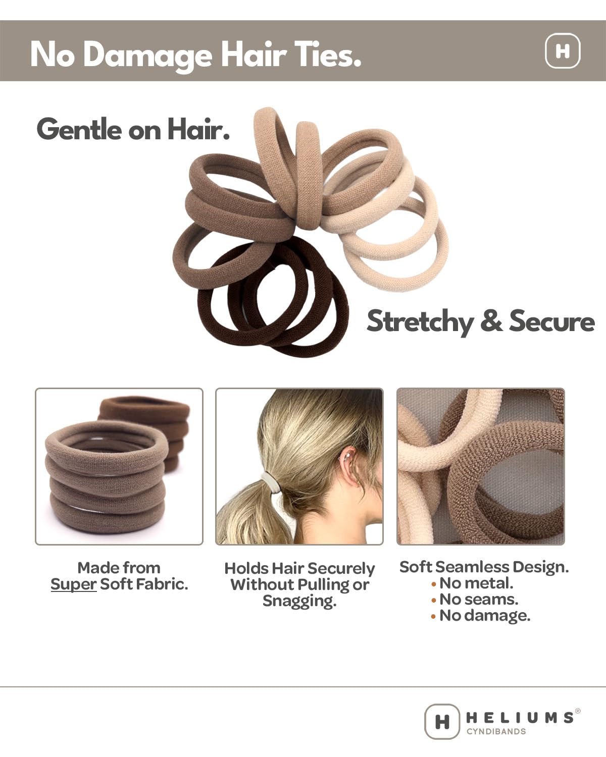 Heliums Soft Hair Ties - No Damage Seamless Nylon Fabric Bands, Stretchy Ponytail Holders for Thin & Thick Hair - Standard 1.5 Inch, Neutrals, 20 Pack
