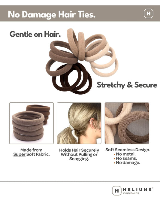 Heliums Soft Hair Ties - No Damage Seamless Nylon Fabric Bands, Stretchy Ponytail Holders for Thin & Thick Hair - Standard 1.5 Inch, Neutrals, 20 Pack