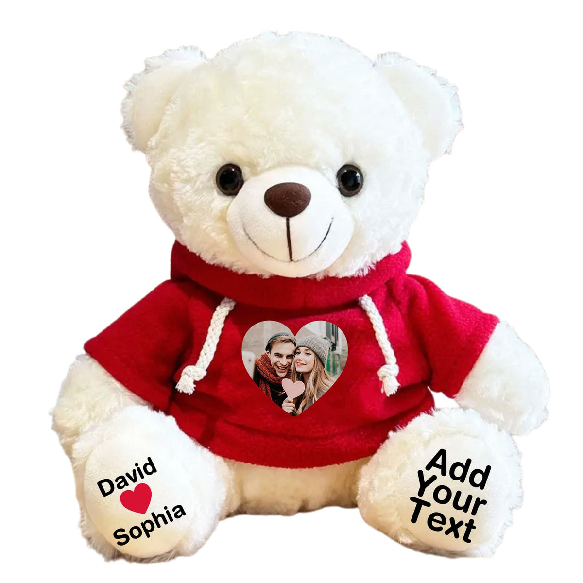 Personalized Bear Stuffed Animal with Picture Text Date, 11 Inch Customized Teddy Bear Plush Toys, Gift for Girlfriend, Boyfriend, Birthday, Anniversary, Valentines (Red Hoodie