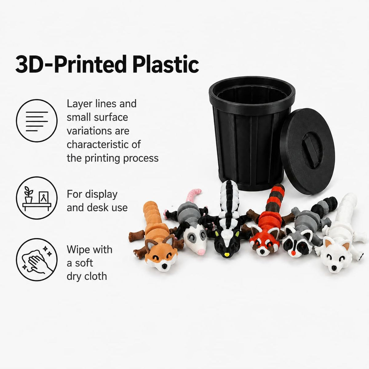 3D-Printed Woodland Animal Figurines, 8-Piece Articulated Raccoon, Fox, Skunk, Opossum, Red Panda and Arctic Fox Set with Black Trash Can