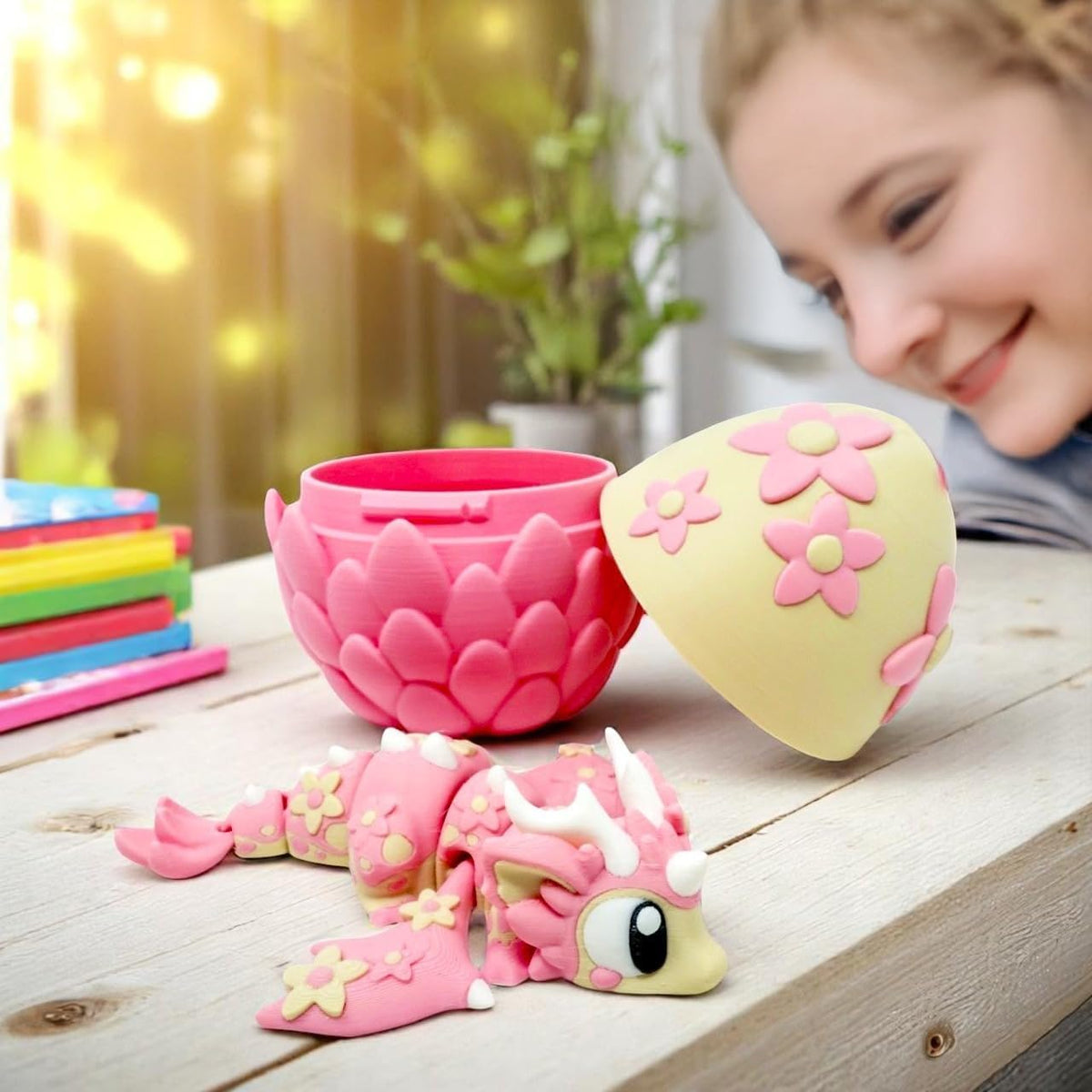 Articulated Dragon with Egg, 3D Printed Toy, Flexible Fidget Figure, 3D Dragon Egg, Desk Pet, Home Decor, Birthday Gift for Kids, Easter Basket Toy, Collectible Figure (Cherry Blossom)