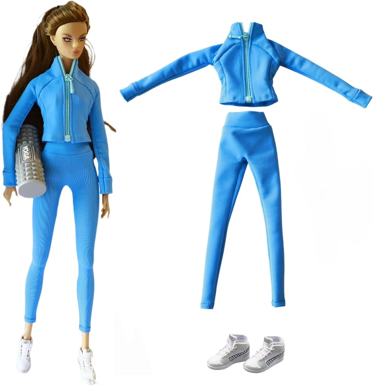 Fashion Doll Blue Yoga Athletic 3-Piece Set with Jacket and Leggings, Includes Sneakers, 1/6 Scale Doll Clothes