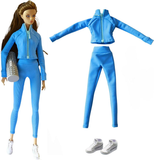 Fashion Doll Blue Yoga Athletic 3-Piece Set with Jacket and Leggings, Includes Sneakers, 1/6 Scale Doll Clothes