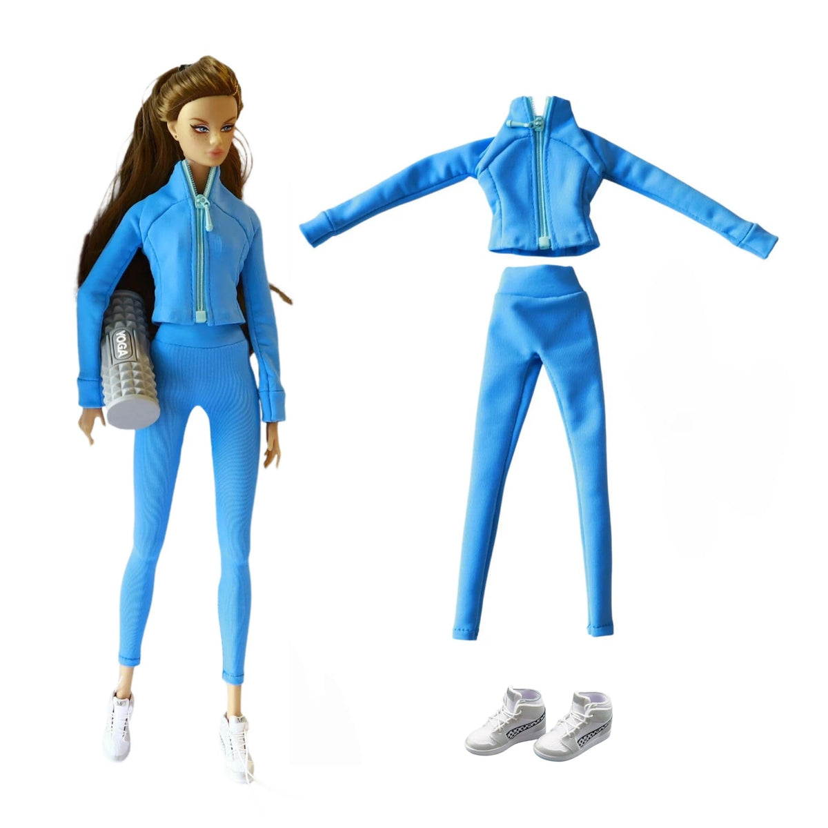 Fashion Doll Blue Yoga Athletic 3-Piece Set with Jacket and Leggings, Includes Sneakers, 1/6 Scale Doll Clothes