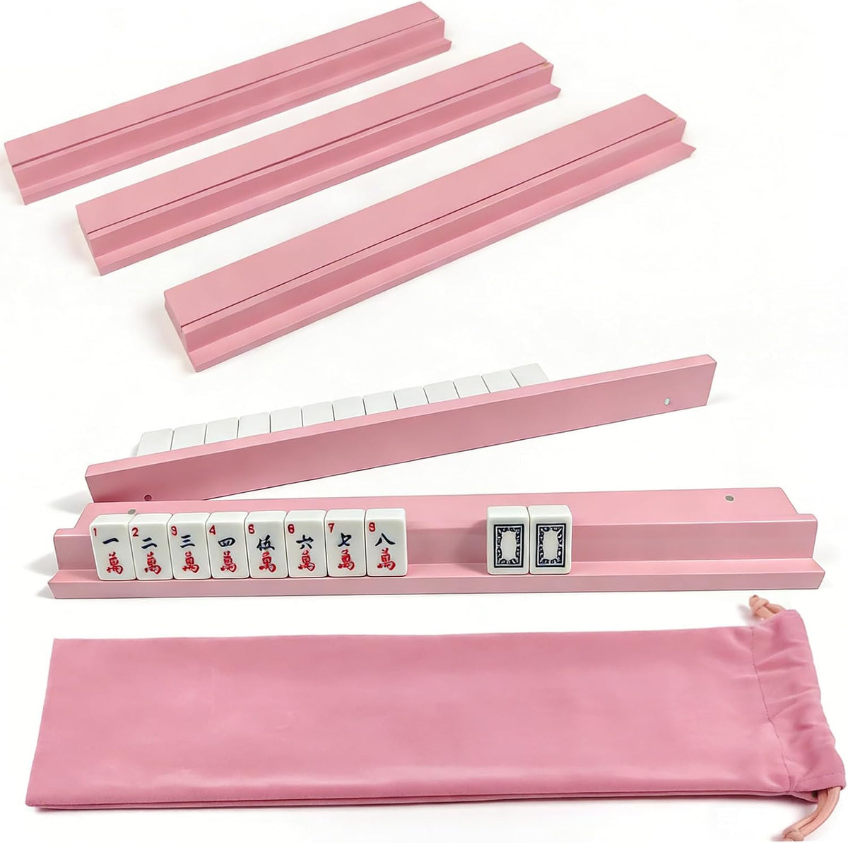 Pink Mahjong Racks with Magnetic Pushers, Set of 4, 17.3" Wooden