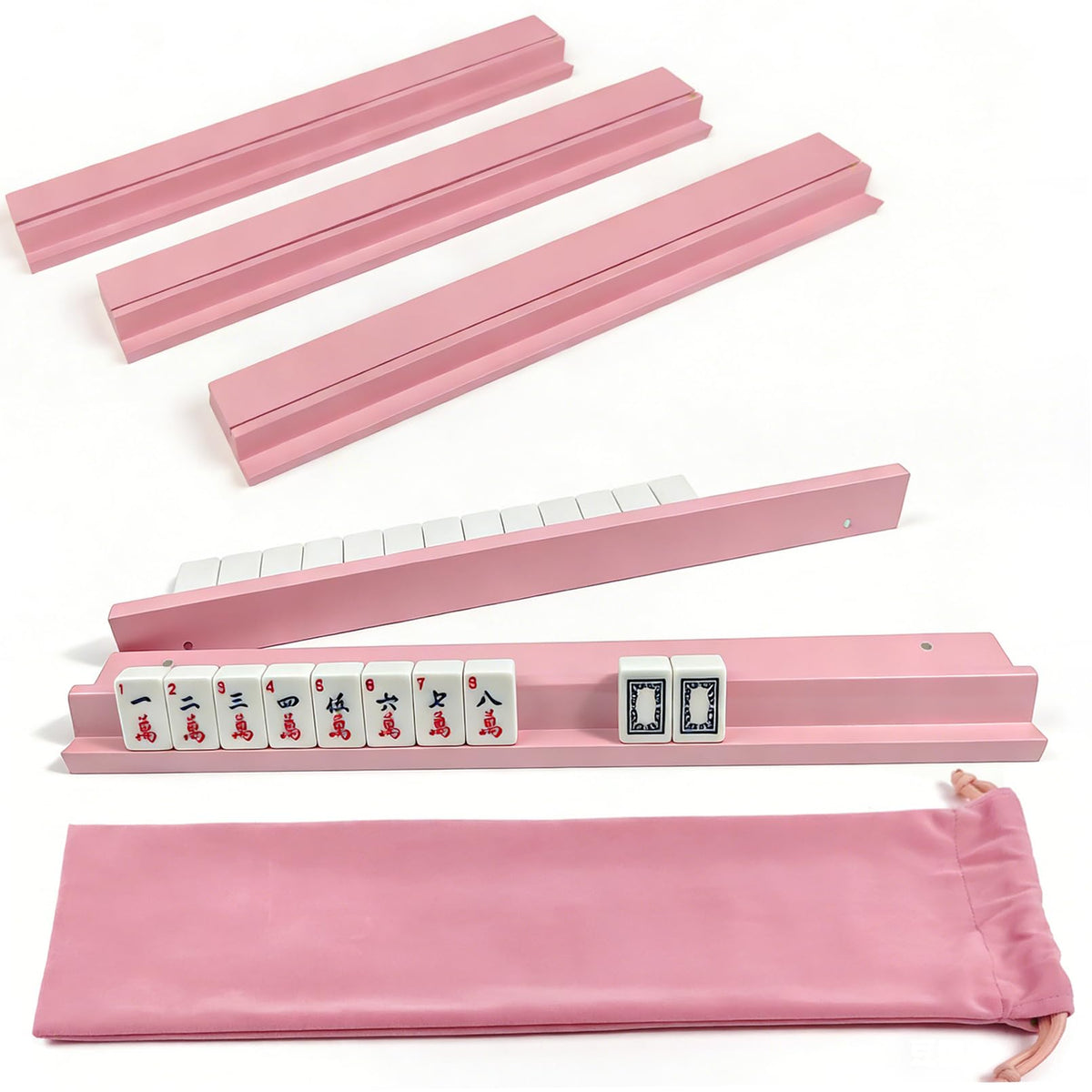 Pink Mahjong Racks with Magnetic Pushers, Set of 4, 17.3" Wooden