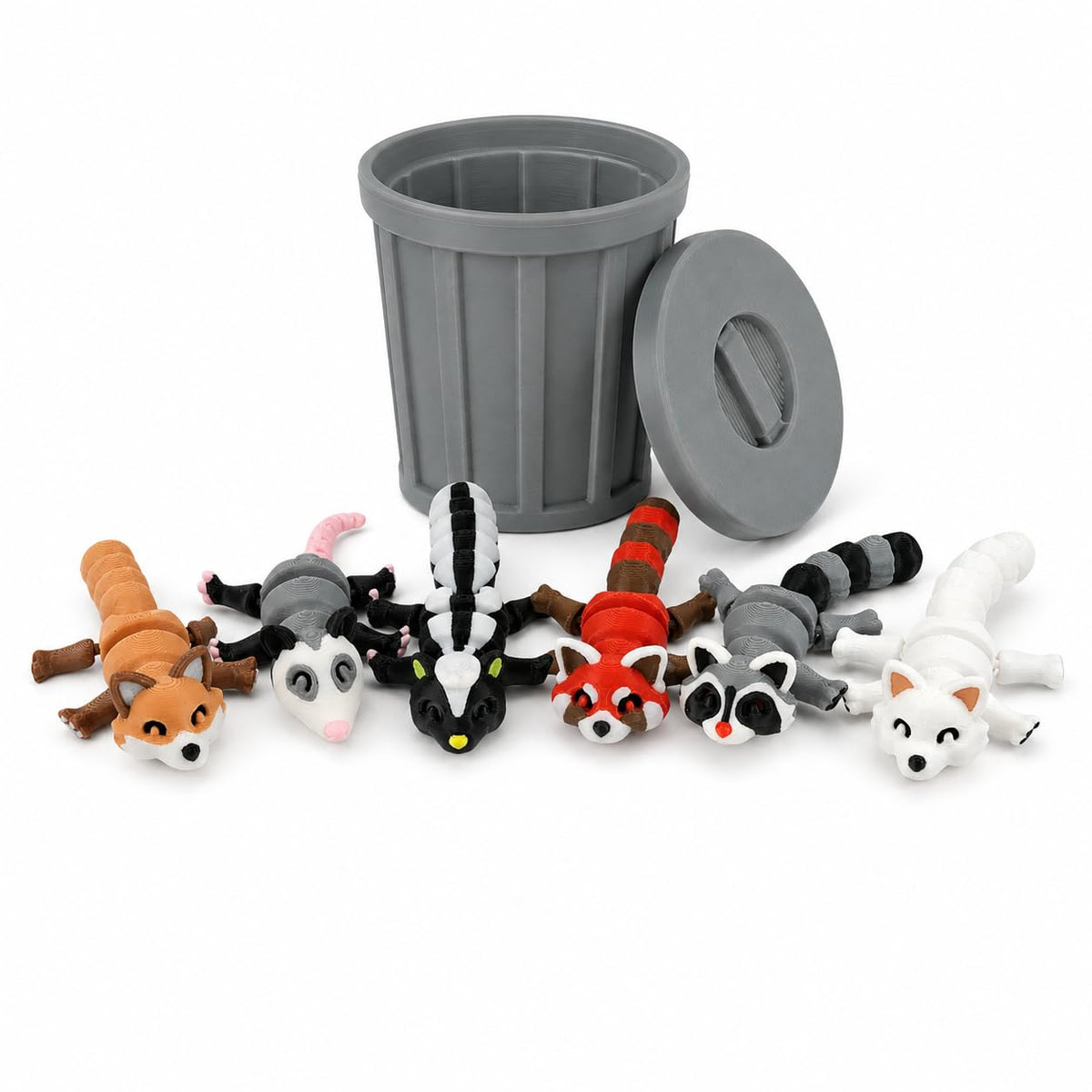 3D-Printed Woodland Animal Figurines, 8-Piece Articulated Raccoon, Fox, Skunk, Opossum, Red Panda and Arctic Fox Set with Black Trash Can