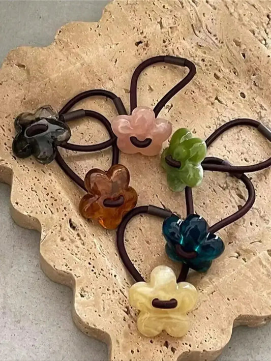 6 Pcs Cute Flower Decor Scrunchies Hair Ties for Women & Girls, Colorful Floral Elastic Ponytail Holders, Minimalist Fashion Hair Accessory Set Suitable for Thick Hair