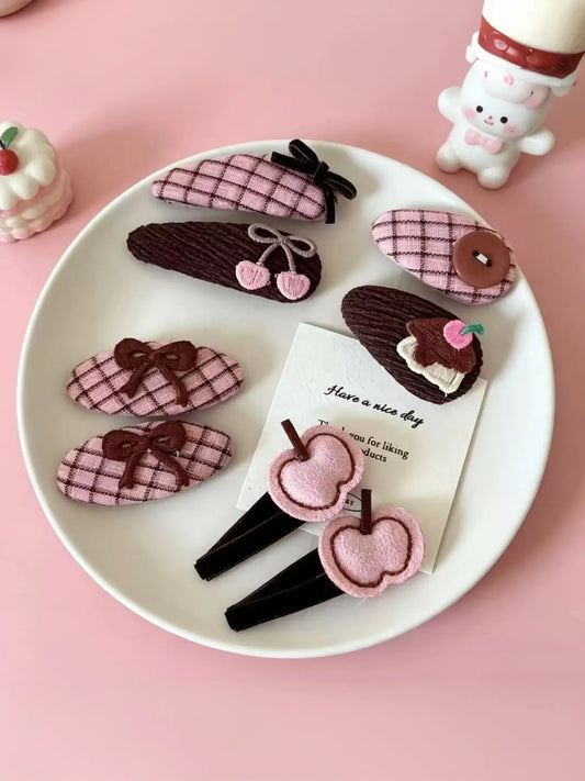 8‑Pack Cute Cottagecore Fruit & Bow Embroidered Snap Hair Clips Set, Plaid Fabric Decorative Side Bangs Hair Barrettes, Sweet Coquette Aesthetic Non‑Slip Hair Pins, Fashion Hair Accessories for Women & Girls