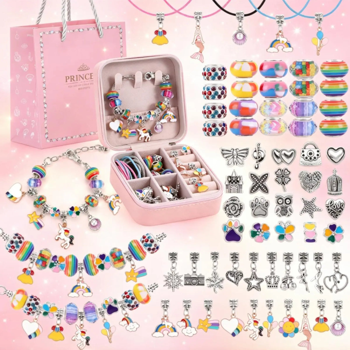 68Pcs Colorful Iridescent Girl Charm Bracelet Making Kit for Girls and Women Cute Pink and Purple DIY Jewelry Set with Special Handbag Charms and Beads Arts & Crafts Idea Birthday New-Year Christmas Grad Bestie Toy Gift for Girls