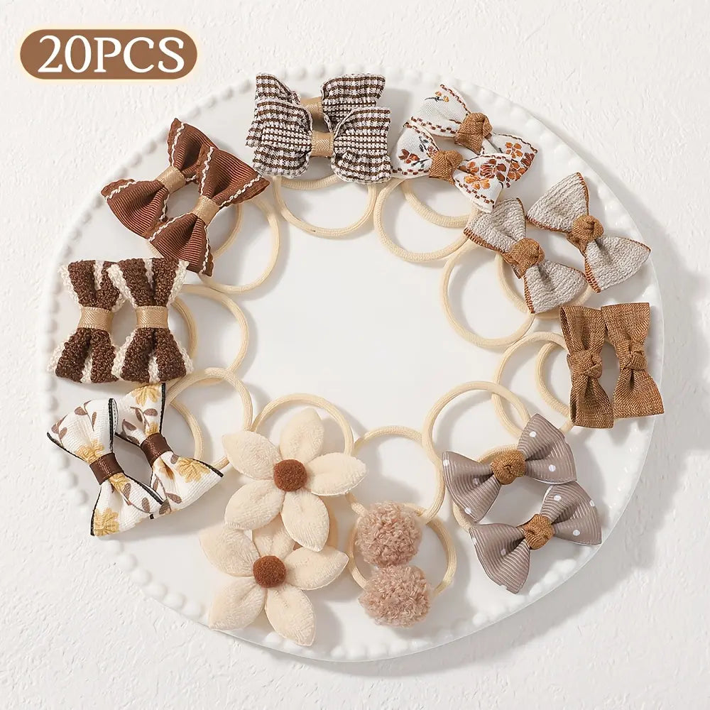 20‑Pcs Boho‑Style Fabric Bow & Flower Hair Ties, Cute Elastic Hair Scrunchies, Soft Decorative Hair Accessories for Daily Hairstyle Styling  >,sohochic