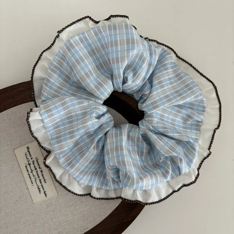 Set of 3 Unisex Vintage 2-Tone Spliced Contrast Ruffle Edge Striped Plaid Fabric Scrunchies, Elastic Hair Bands, Cute Hair Ties for Daily Hairstyle Fashion Accessories, Set Of Three