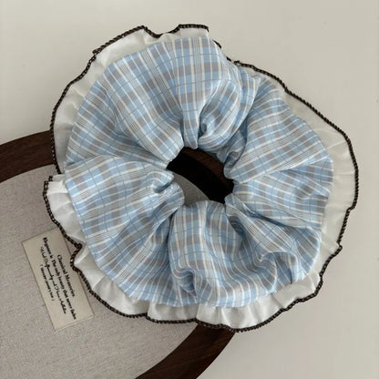 Set of 3 Unisex Vintage 2-Tone Spliced Contrast Ruffle Edge Striped Plaid Fabric Scrunchies, Elastic Hair Bands, Cute Hair Ties for Daily Hairstyle Fashion Accessories, Set Of Three