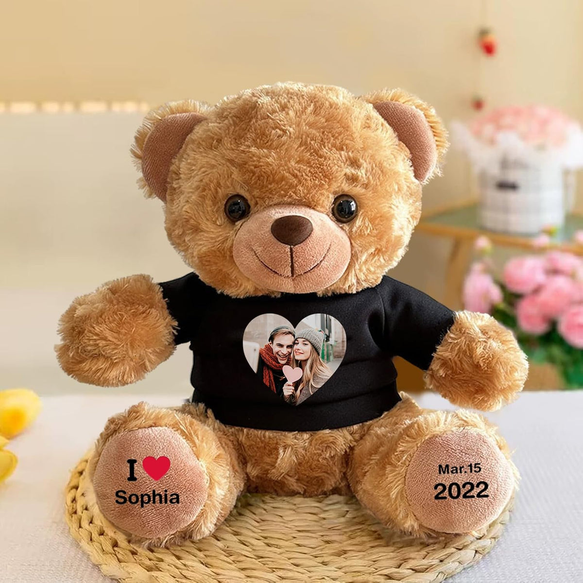 Personalized Bear Stuffed Animal with Picture Text Date, 11 Inch Customized Teddy Bear Plush Toys, Gift for Girlfriend, Boyfriend, Birthday, Anniversary, Valentines (Red Hoodie