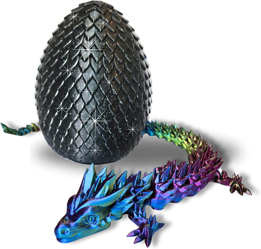 20" Articulated 3D Printed Dragon with Surprise Egg – Flexible Fidget Toy for Kids & Teens, Dragon Egg, Mythical Figurine (Rainbow with Black Egg)