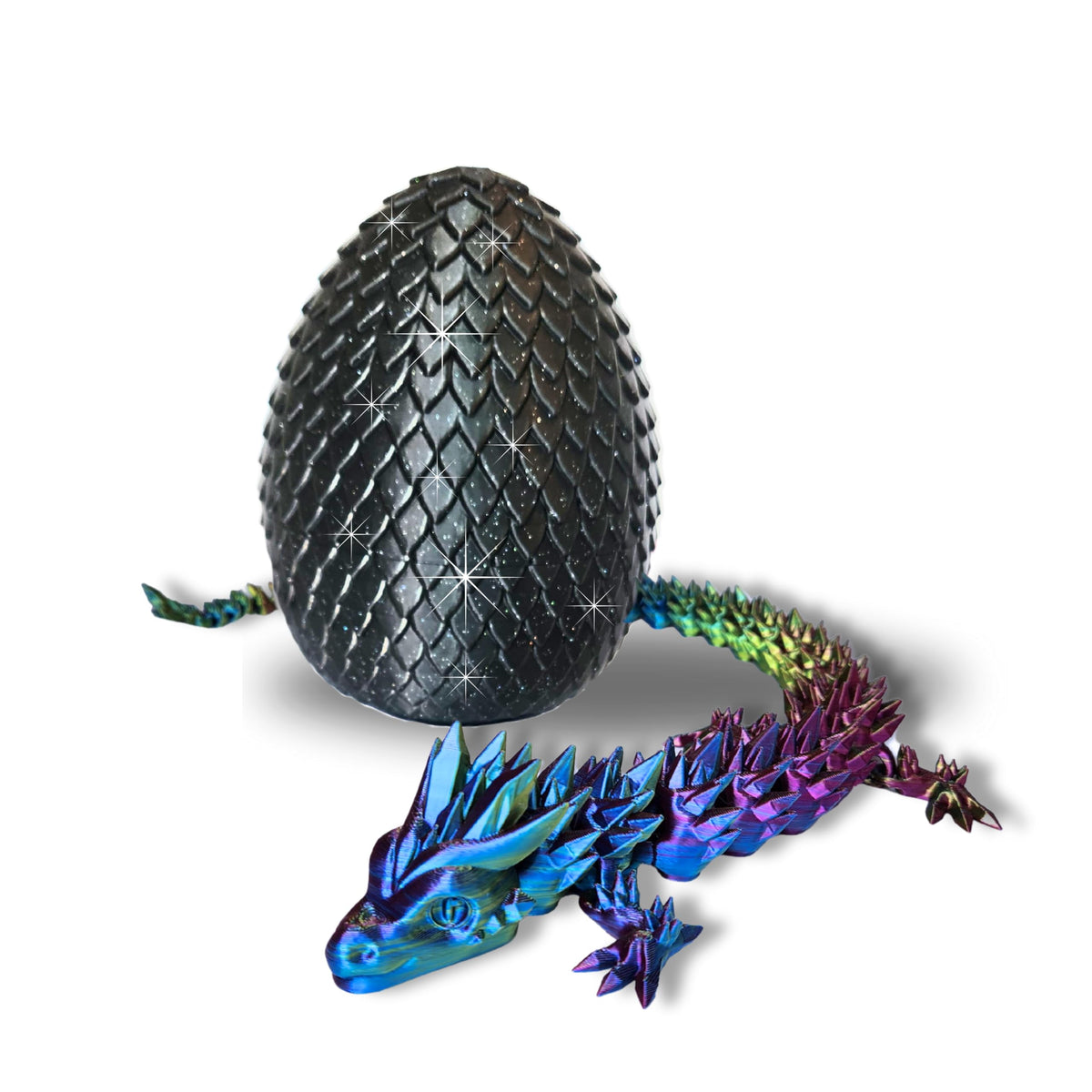 20" Articulated 3D Printed Dragon with Surprise Egg – Flexible Fidget Toy for Kids & Teens, Dragon Egg, Mythical Figurine (Rainbow with Black Egg)