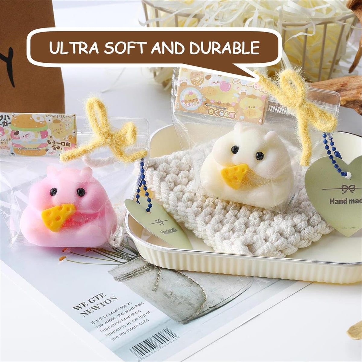 2PCS QCROAD SQUISHY Handmade Taba Hamster Squishy Squeeze Toys - Ultra Soft Silicone Animal Squishies for Kids & Adults, Reusable Non-Violent Squishy Toys for Stress Relief & Relaxation （White&Pink）