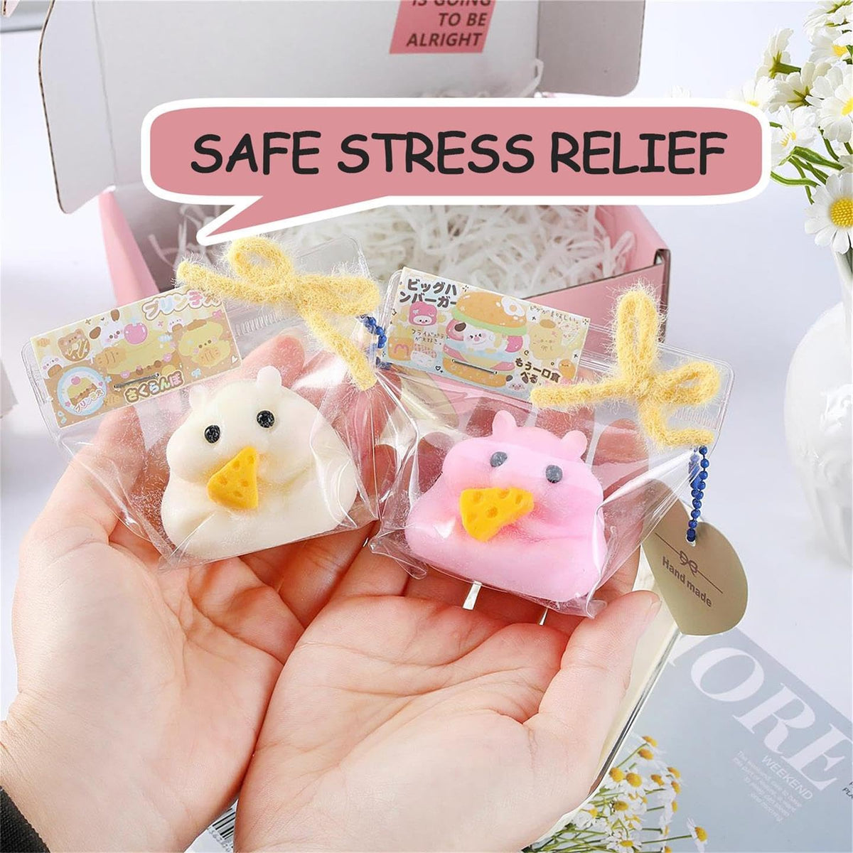 2PCS QCROAD SQUISHY Handmade Taba Hamster Squishy Squeeze Toys - Ultra Soft Silicone Animal Squishies for Kids & Adults, Reusable Non-Violent Squishy Toys for Stress Relief & Relaxation （White&Pink）