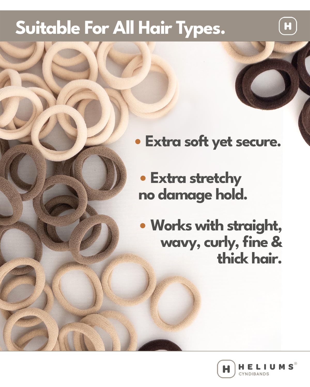 Heliums Soft Hair Ties - No Damage Seamless Nylon Fabric Bands, Stretchy Ponytail Holders for Thin & Thick Hair - Standard 1.5 Inch, Neutrals, 20 Pack