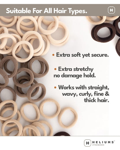 Heliums Soft Hair Ties - No Damage Seamless Nylon Fabric Bands, Stretchy Ponytail Holders for Thin & Thick Hair - Standard 1.5 Inch, Neutrals, 20 Pack