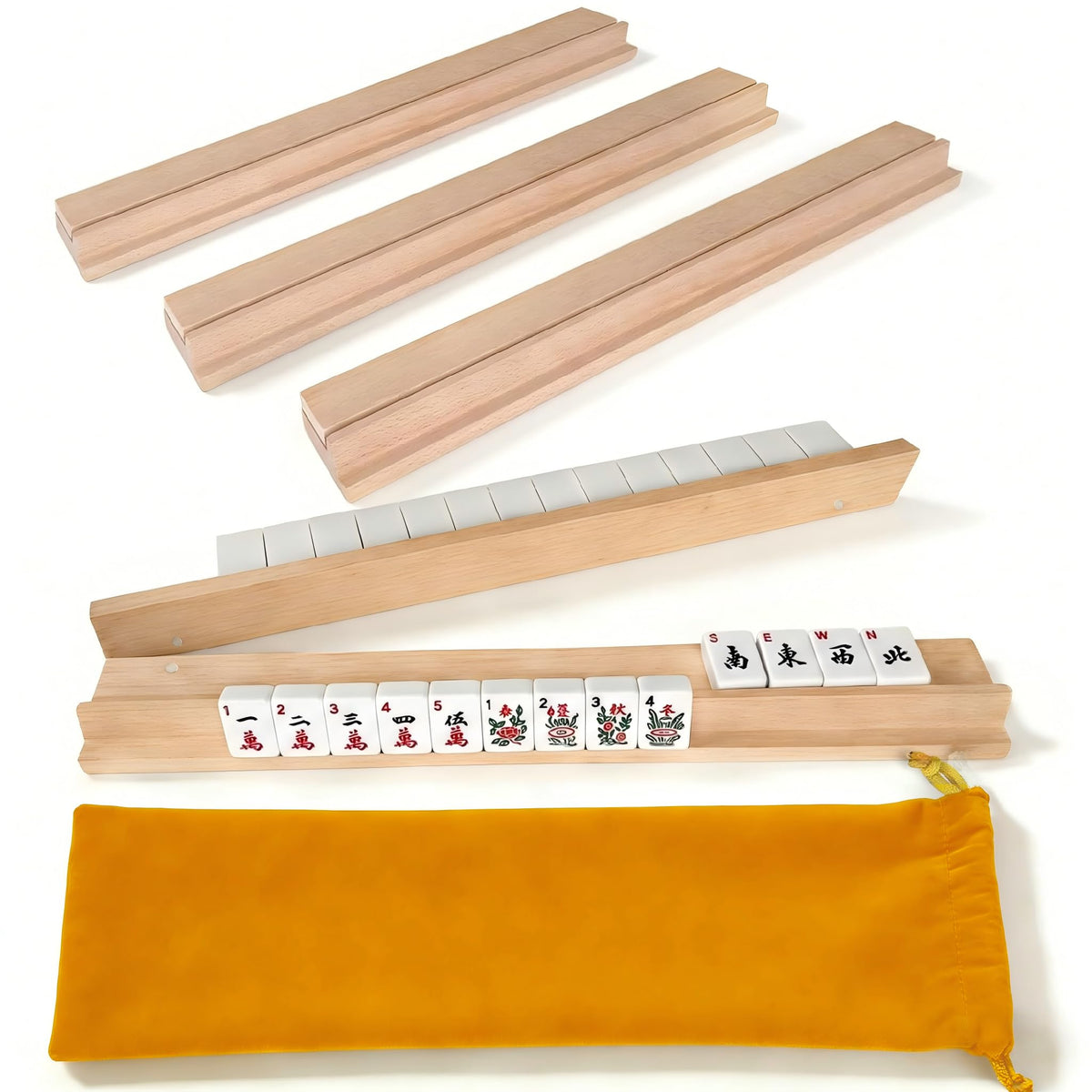 Pink Mahjong Racks with Magnetic Pushers, Set of 4, 17.3" Wooden