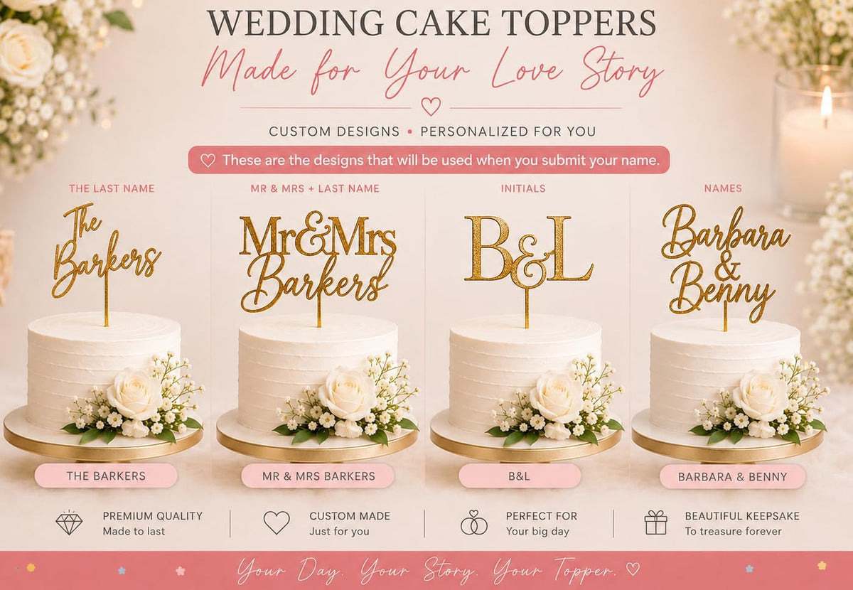 Custom Wedding Cake Topper 6 x 8 Inches (3.5 mm Thick) – Available in Gold, Black, Rose Gold, and Silver – Elegant Personalized Cake Decoration for Weddings, Engagements, and Special Events
