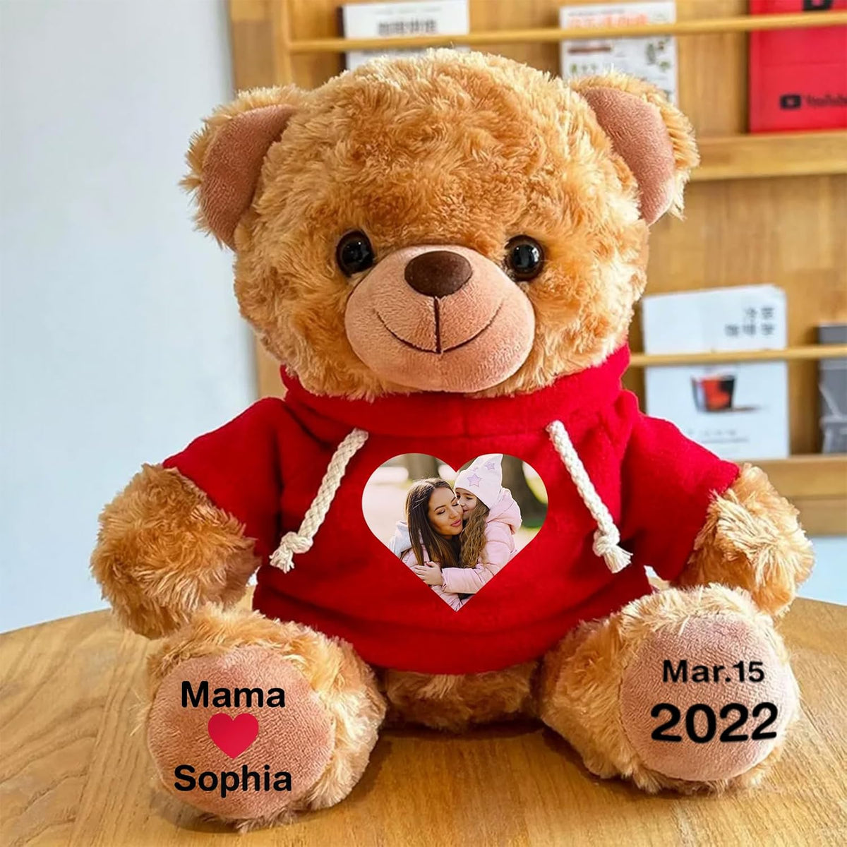 Personalized Bear Stuffed Animal with Picture Text Date, 11 Inch Customized Teddy Bear Plush Toys, Gift for Girlfriend, Boyfriend, Birthday, Anniversary, Valentines (Red Hoodie