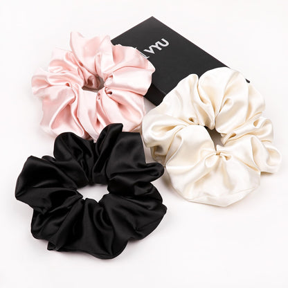 Ivyu Scrunchies Hair Ties, Big Large Scrunchie for Girls Women, Cute Hairties Jumbo Scrunchy For Thick Curl Hair No Crease Hair Accessories Soft Ropes Ponytail Holder, 4 Count, Black, Brown, Beige