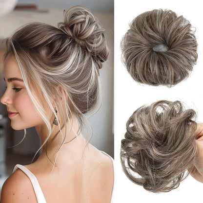 CJL HAIR 2PCs Small Cute Messy Bun Hair Piece for Thin Hair Women Mini Synthetic Curly Bun Scrunchies Updo Hairpieces Dirty Blonde