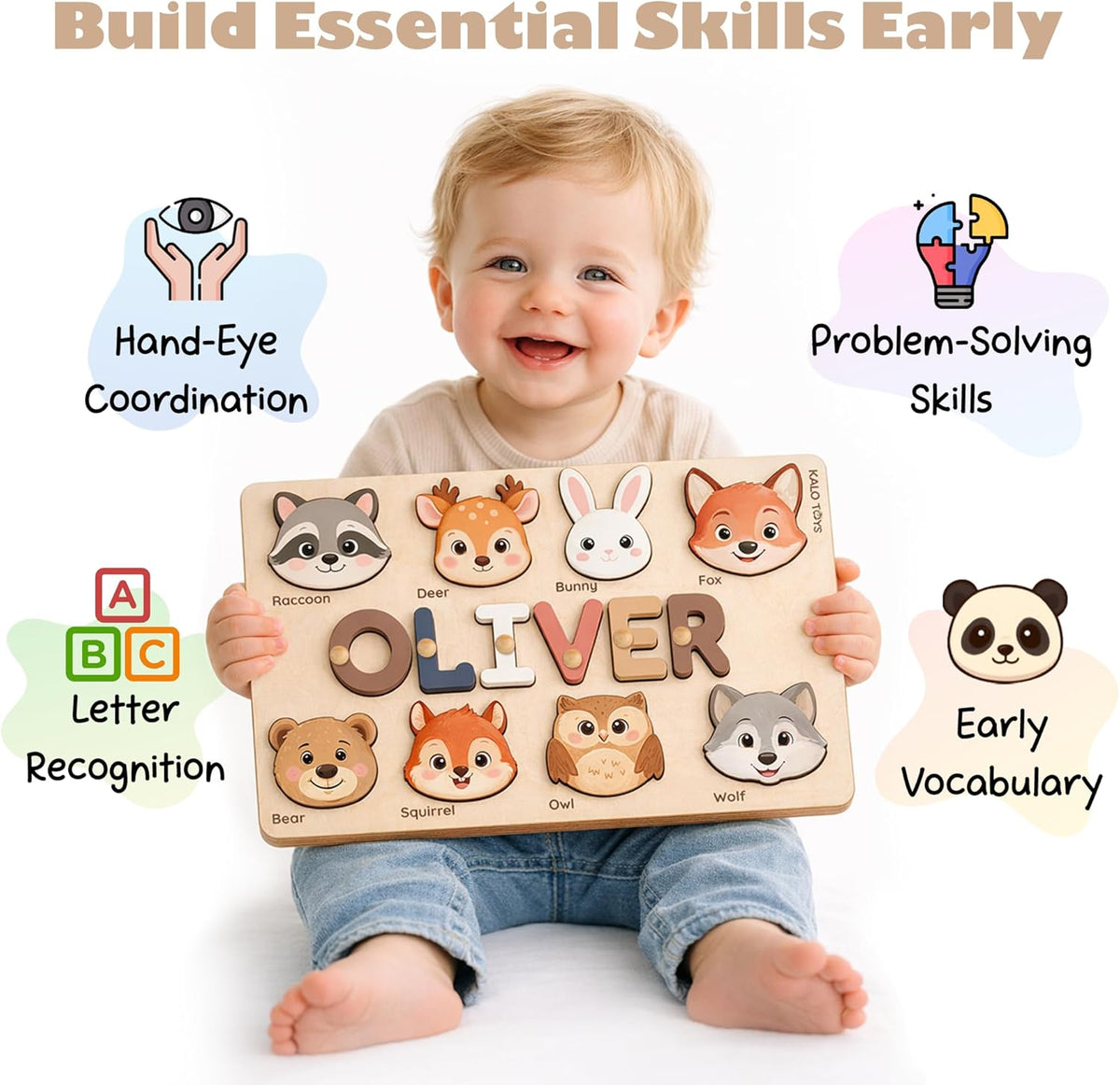 Personalized Name Puzzle for Toddlers 1-3 | Custom Wooden Baby Girl Gift with 48 Animal Art Sets | 1st Birthday Gift for Girls | Personalized Baby Boy & Girl Gifts Keepsake