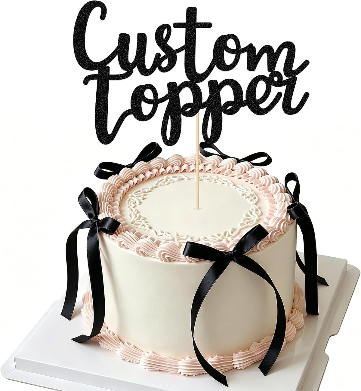 EDSG 30 Pack Bows Custom Cake Topper, Personalized Double Sided Glitter Cake Topper with Any Text Numbers, 11 Colours for Birthday Wedding Anniversary Graduation Baby Shower (with 30 Pcs Black Bow)