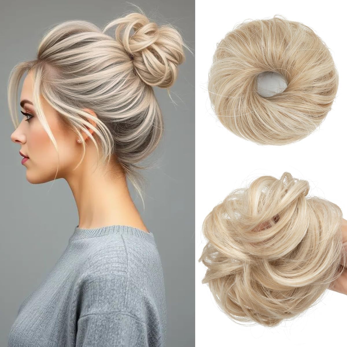 CJL HAIR 2PCs Small Cute Messy Bun Hair Piece for Thin Hair Women Mini Synthetic Curly Bun Scrunchies Updo Hairpieces Dirty Blonde