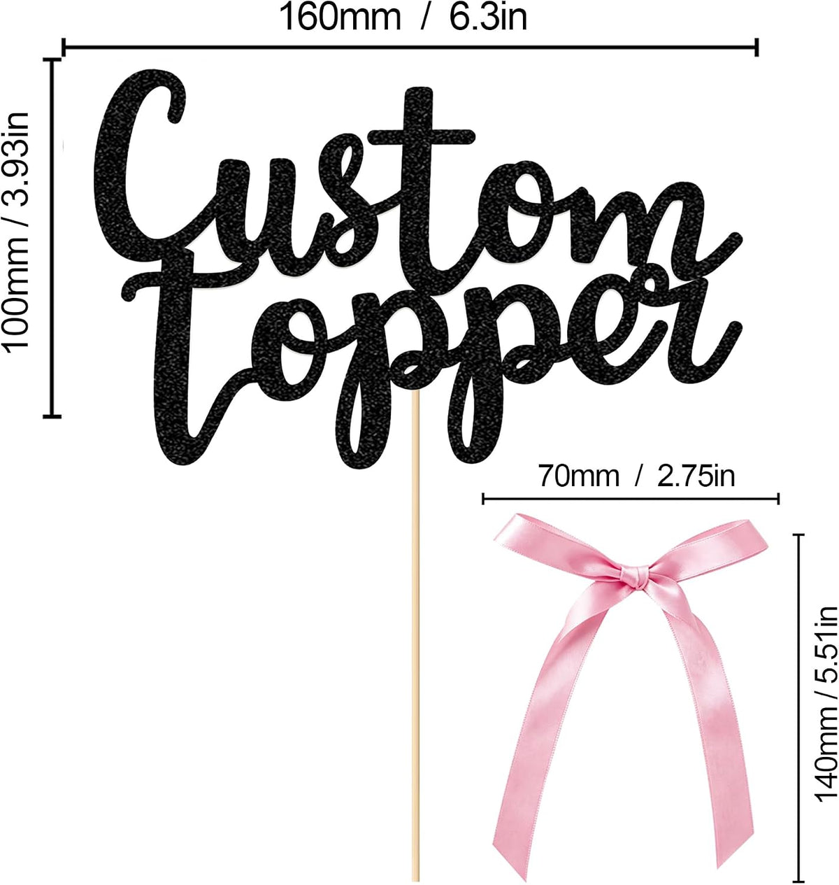 EDSG 30 Pack Bows Custom Cake Topper, Personalized Double Sided Glitter Cake Topper with Any Text Numbers, 11 Colours for Birthday Wedding Anniversary Graduation Baby Shower (with 30 Pcs Black Bow)
