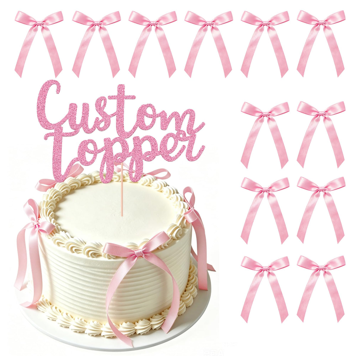 EDSG 30 Pack Bows Custom Cake Topper, Personalized Double Sided Glitter Cake Topper with Any Text Numbers, 11 Colours for Birthday Wedding Anniversary Graduation Baby Shower (with 30 Pcs Black Bow)