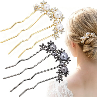 SmallCat 2 Pcs Pearl U Shaped Hair Pins for Buns, Black & Gold