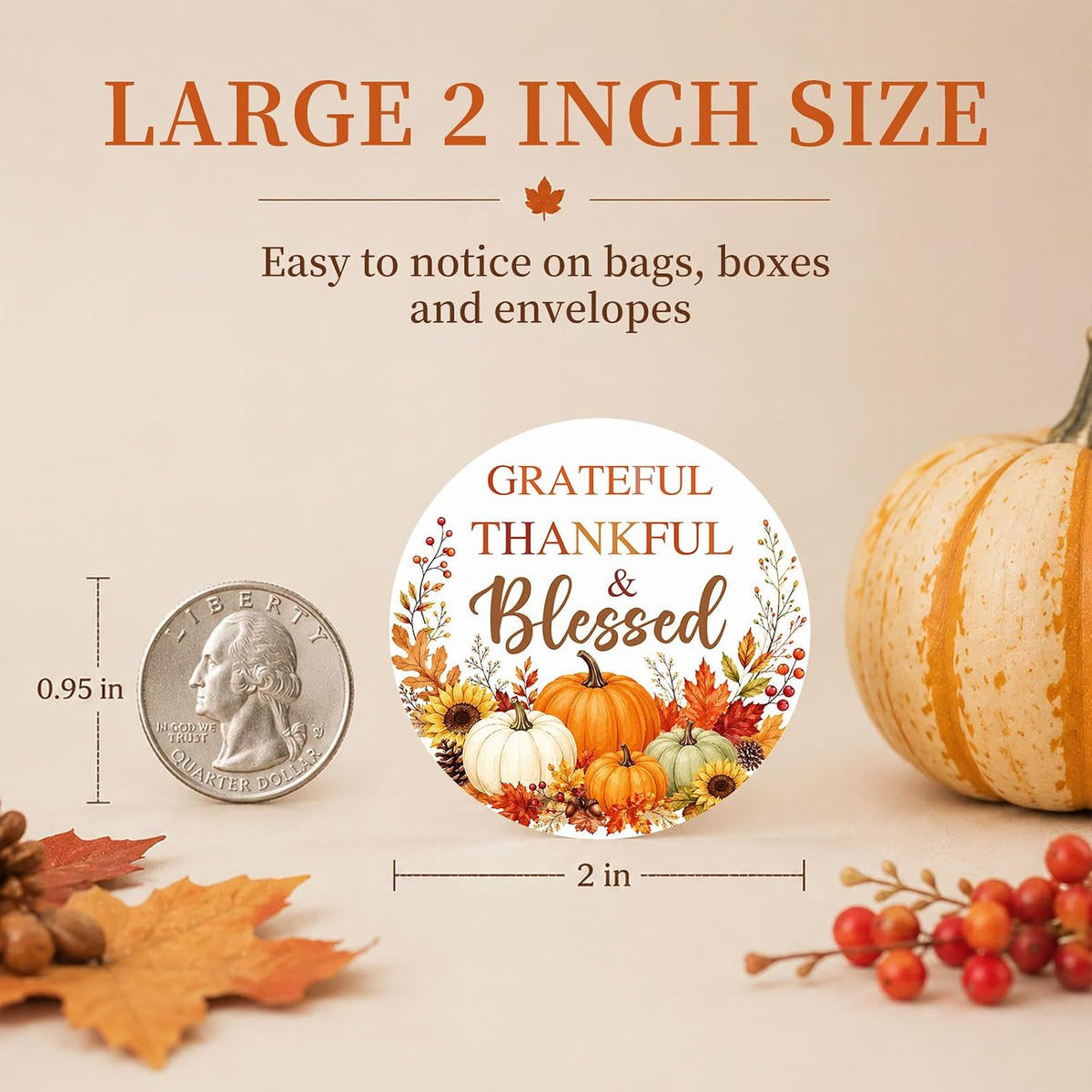 60 Pcs Grateful Thankful Blessed Stickers, Thanksgiving Harvest Labels with Pumpkin Design for Treat Bags, Gift Boxes, Envelopes, Friendsgiving Favors, Teachers & Hosts, 2 Inch