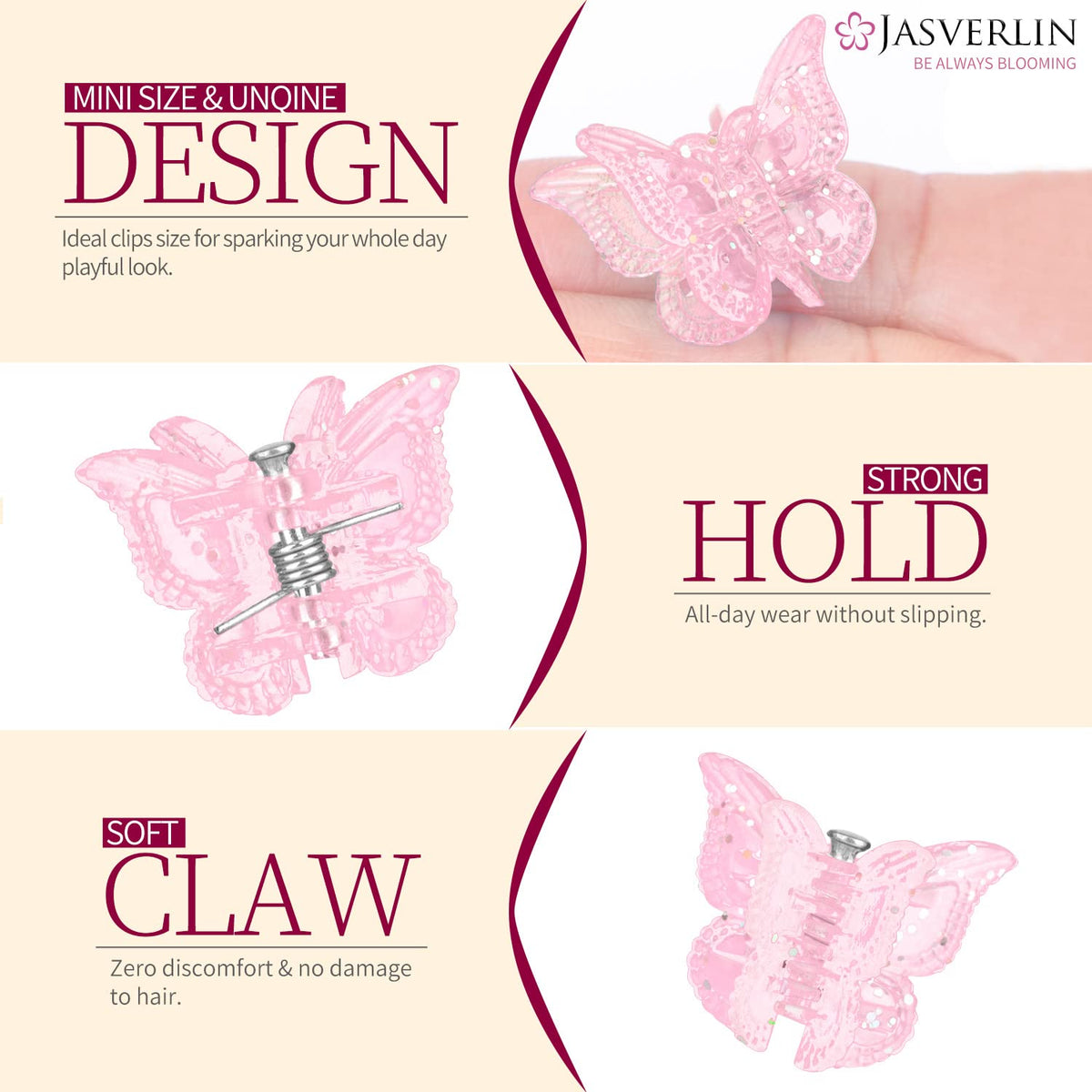 JASVERLIN Glitter Butterfly Hair Claw Clips, Y2K Hair Accessories 50 Pcs