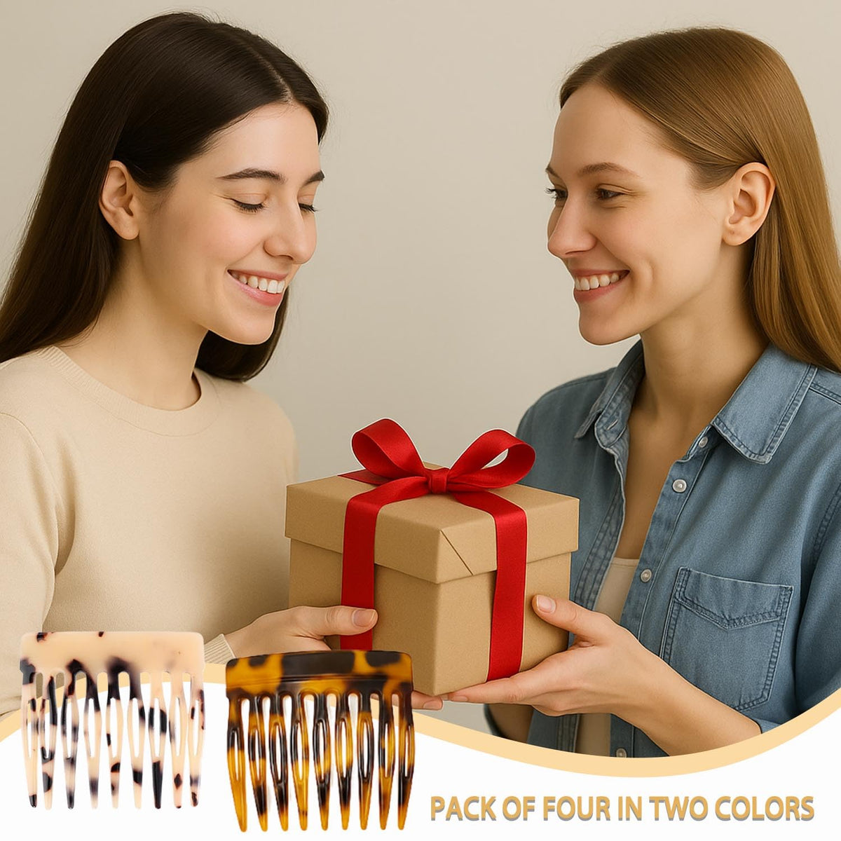 French Hair Side Comb - Small French Twist Hair Combs Decorative, Strong Hold Hair Clips for Women Girls Bun, 4 Pcs (Tortoise Shell, Leopard)