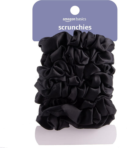 Amazon Basics Satin Scrunchies – No Crease, No Damage Hair Ties – Frizz Free, Gentle, Stylish Scrunchies. Black, 8 Count, For Thin and Normal Hair