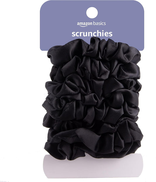Amazon Basics Satin Scrunchies – No Crease, No Damage Hair Ties – Frizz Free, Gentle, Stylish Scrunchies. Black, 8 Count, For Thin and Normal Hair
