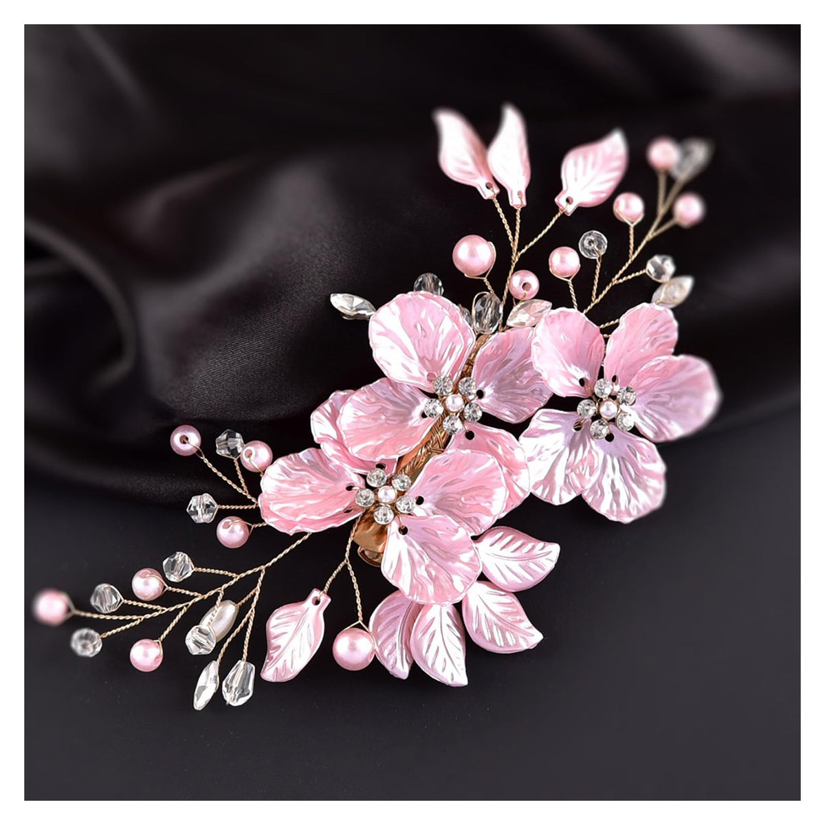 Bride Pearl Flower Hair Comb for Women and Girls, Wedding Floral Rhinestone Bridal Hair Piece Side Combs Hair Accessories for Wedding Party Daily (Pink)