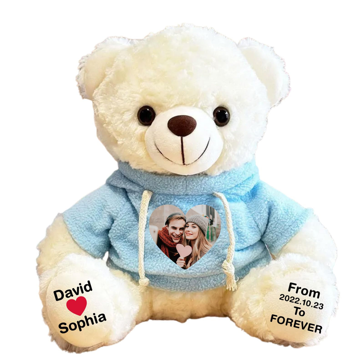Personalized Bear Stuffed Animal with Picture Text Date, 11 Inch Customized Teddy Bear Plush Toys, Gift for Girlfriend, Boyfriend, Birthday, Anniversary, Valentines (Red Hoodie