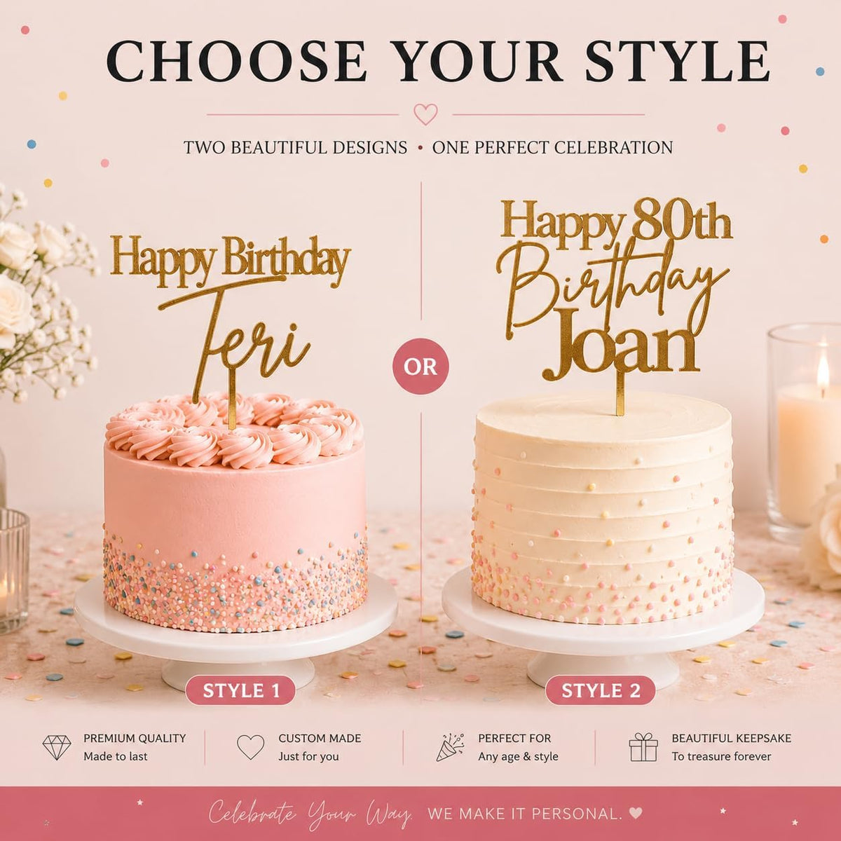 Custom Wedding Cake Topper 6 x 8 Inches (3.5 mm Thick) – Available in Gold, Black, Rose Gold, and Silver – Elegant Personalized Cake Decoration for Weddings, Engagements, and Special Events