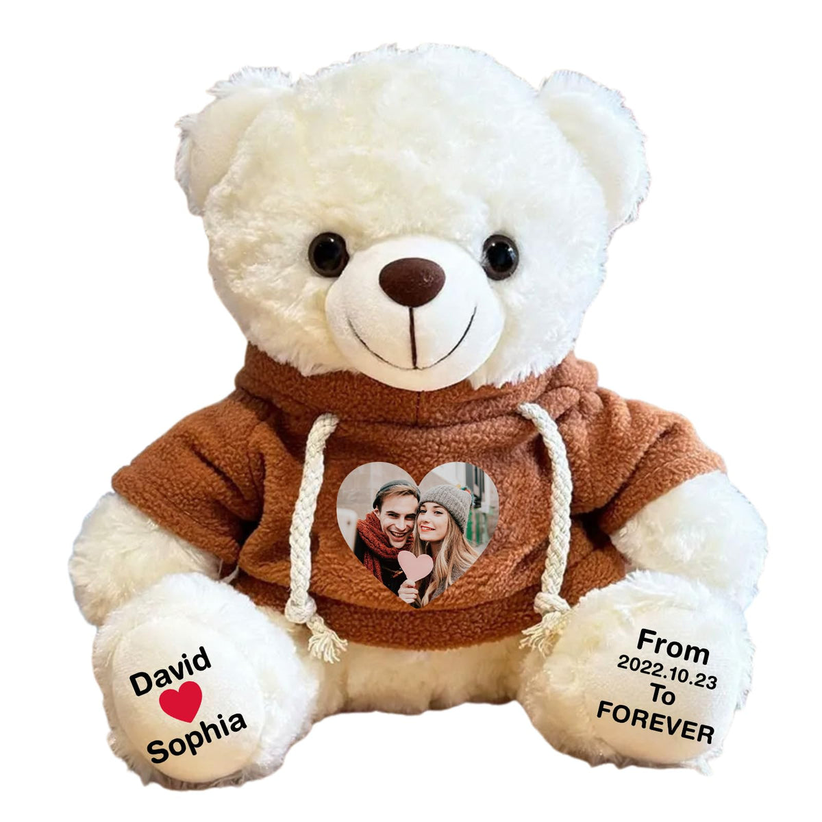 Personalized Bear Stuffed Animal with Picture Text Date, 11 Inch Customized Teddy Bear Plush Toys, Gift for Girlfriend, Boyfriend, Birthday, Anniversary, Valentines (Red Hoodie