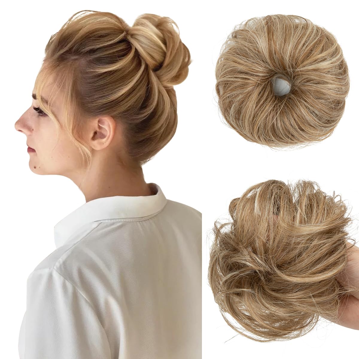CJL HAIR 2PCs Small Cute Messy Bun Hair Piece for Thin Hair Women Mini Synthetic Curly Bun Scrunchies Updo Hairpieces Dirty Blonde
