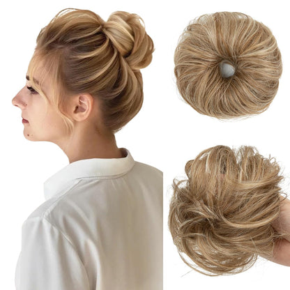 CJL HAIR 2PCs Small Cute Messy Bun Hair Piece for Thin Hair Women Mini Synthetic Curly Bun Scrunchies Updo Hairpieces Dirty Blonde