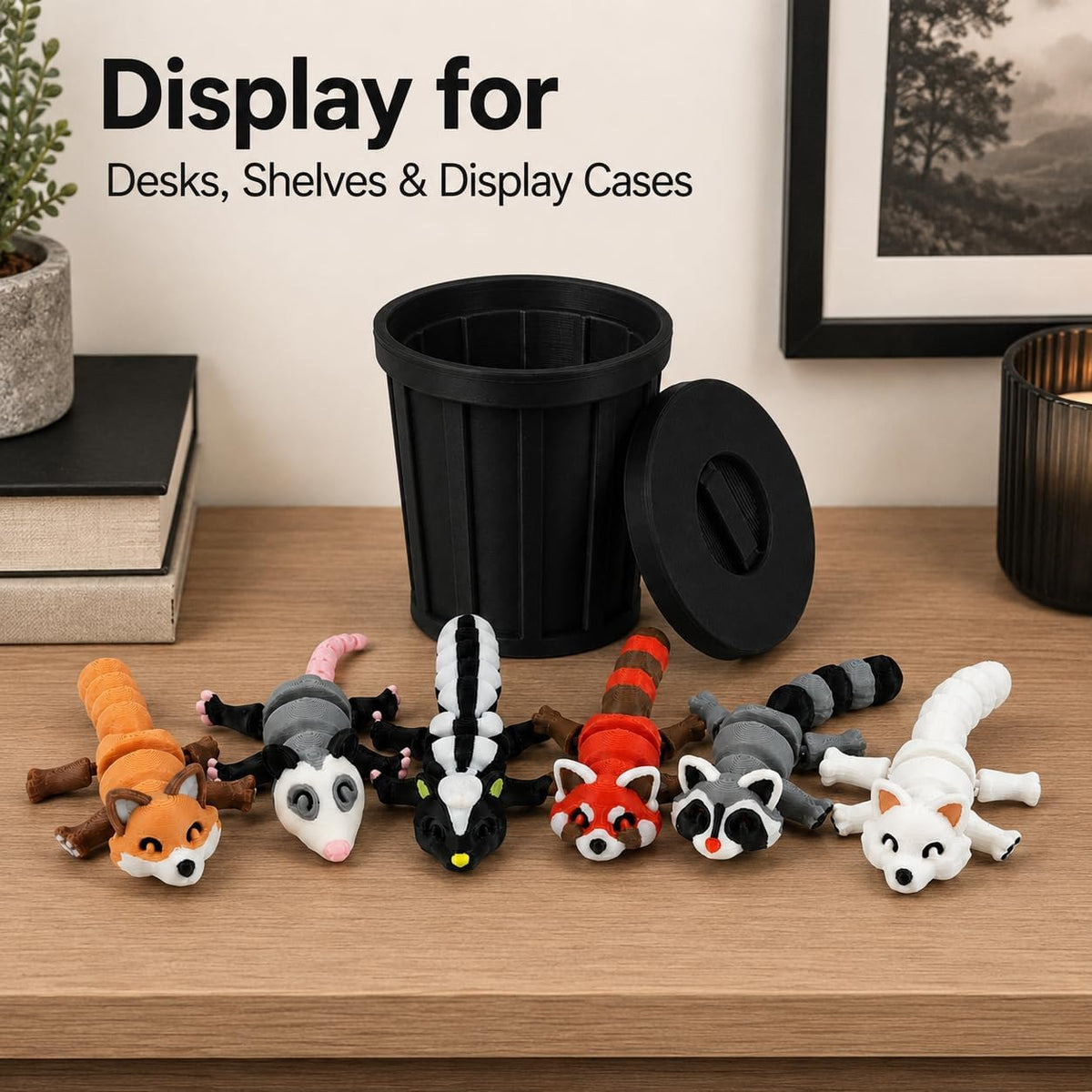 3D-Printed Woodland Animal Figurines, 8-Piece Articulated Raccoon, Fox, Skunk, Opossum, Red Panda and Arctic Fox Set with Black Trash Can